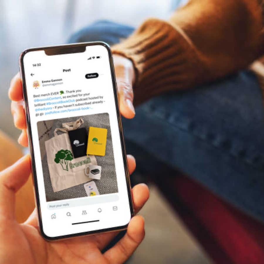 Emma Gannon tweet broccoli book club on phone